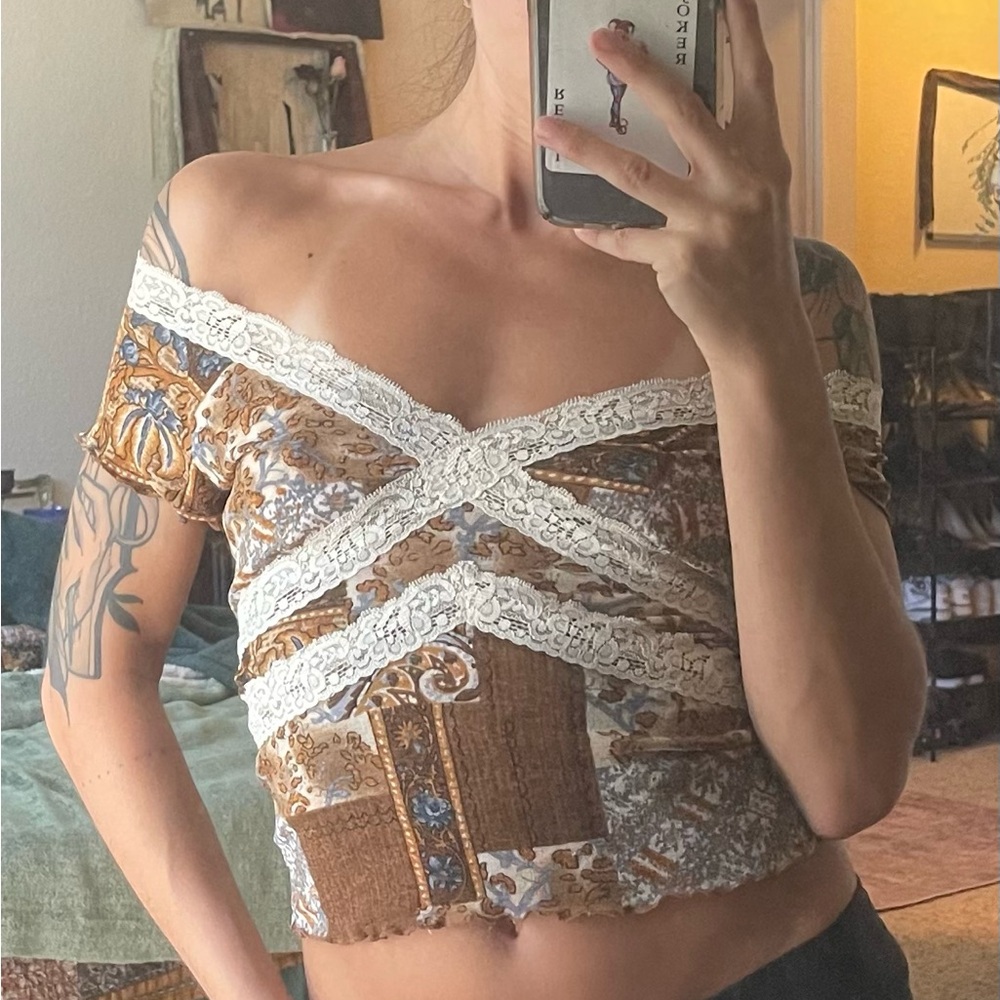 Vintage Mudd Brown Cream and Blue Patchwork Lace-Trim Camisole - Picture 7 of 7